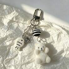1pc Women's Flocked Cartoon White Bear Key Chain With Small Fish Heart Bead Pendant, Cute Adorable Earphone Bag Key Charm - Black and White - View 1