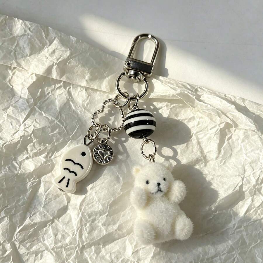 1pc Women's Flocked Cartoon White Bear Key Chain With Small Fish Heart Bead Pendant, Cute Adorable Earphone Bag Key Charm - Black and White - View 1
