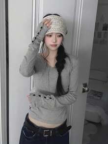 Kaos Dalaman Lengan Panjang Slim Fit Leher V Musim Gugur - Grey - View 6