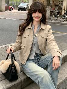 女款素色休閒百搭日常穿著長袖夾克 - 卡其色 - 查看 6