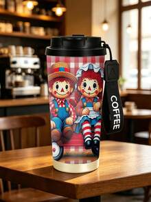 1pc/5pcs 500ml Halloween Vintage Doll Travel Mug, Double-Wall Stainless Steel Insulated Cup For Iced Coffee, Oat Milk, Cute Vintage Doll Couple & Plaid Print, Daily Use Insulated Cup, Birthday Gift For Son/Daughter, Holiday Gift - Multi-color - Plush Toy - View 2