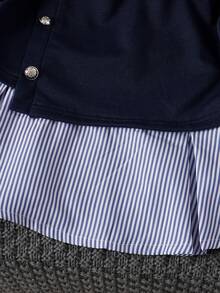 8-12 Years Old Tween Girls Spring/Autumn New College Style Blue & White Striped Color Block 2-In-1 Single-Breasted Lapel Long Sleeve Pullover Shirt Top - Blue - View 5