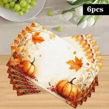 1/4/6pcs Autumn Series Watercolor Pumpkin & Berry Pattern Printed Placemats, Heat-Resistant Table Mats For Home Kitchen/Dining Table Protection, Party Scene Decor - Multicolor - View 13