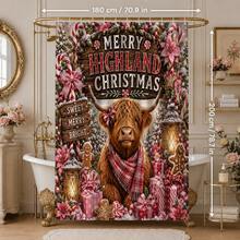1pc/4pcs Christmas Pink Flower Candy Highland Cow Multi-Functional Bathroom Decor Shower Curtain Set, Free 12 Hooks, Premium Holiday Atmosphere, Bathroom Mat, U-Shaped Rug And Round Toilet Lid Cover, Suitable For All Christmas Scenes Decoration - Pink Flower Highland Cow - View 11
