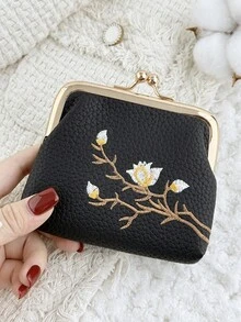 時尚花卉刺繡外觀,多功能且緊湊設計,附夾式開關,便攜式零錢包與卡包 - 黑色 - 查看 7
