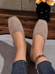 Women's Square Toe Knit Slip-On Shoes, Breathable Soft Sole Granny Shoes, Lightweight Comfortable Commuter Versatile Flat Shoes - Khaki - View 4