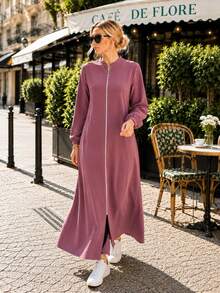 Women's Full-Length Zip Front Abaya – Stand Collar Long Sleeve Modest Maxi Dress With Elastic - Pink - View 2