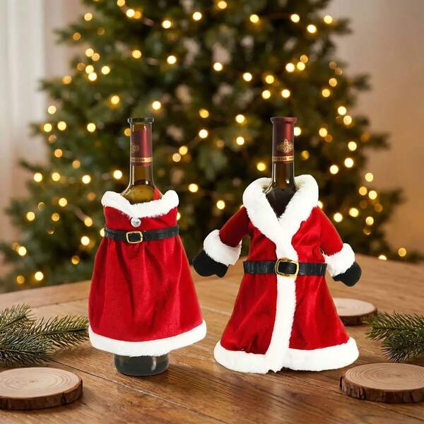 1Pc/2Pcs Velvet Santa Wine Bottle Outfit, White Faux Fur Trim Xmas Wine Bottle Dress With Belt, Reusable Holiday Table Ornament For Banquet, Cafe & Winter Themed Party Decor