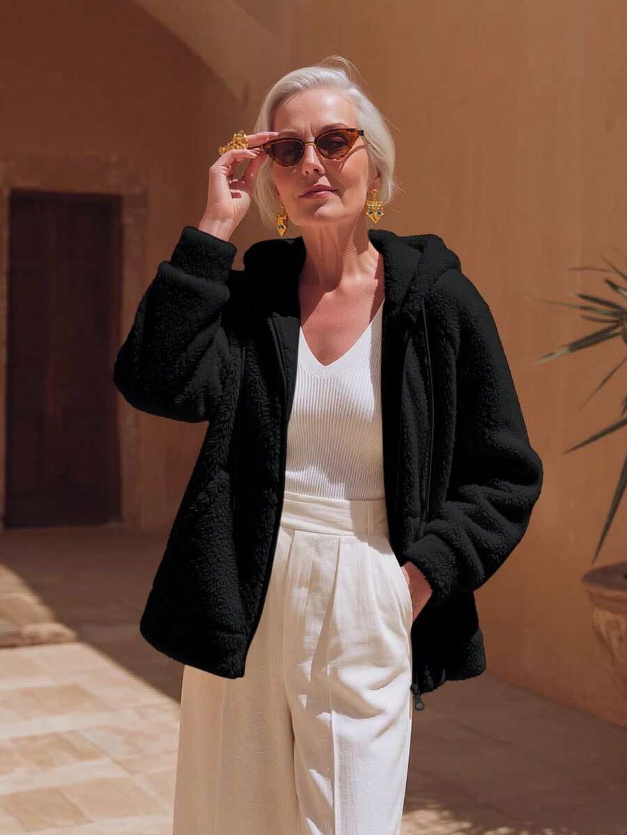 Regular Hooded Drawstring Design Jacket For Middle-Aged And Elderly Women, Ideal Choice For Casual And Formal Occasions In Autumn And Winter - Black - View 1