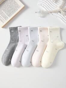 4 Pairs Women's Cute Sweet Romantic Breathable Bow Pattern Short Socks, White Casual Comfortable Mid-Calf Socks, College Style Student Socks, Fashionable Comfortable, Random Color, Suitable For Daily Wear, Spring Summer Autumn Winter All Seasons - Multicolor - View 5