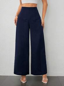 PETITE Pantalones de Pierna Ancha de Cintura Alta para Mujer Petite, Tela Texturizada, Estilo Casual Old‑Money, Ideal para Vuelta al Colegio, Trabajo y Uso Diario - Azul marino - Ver 1