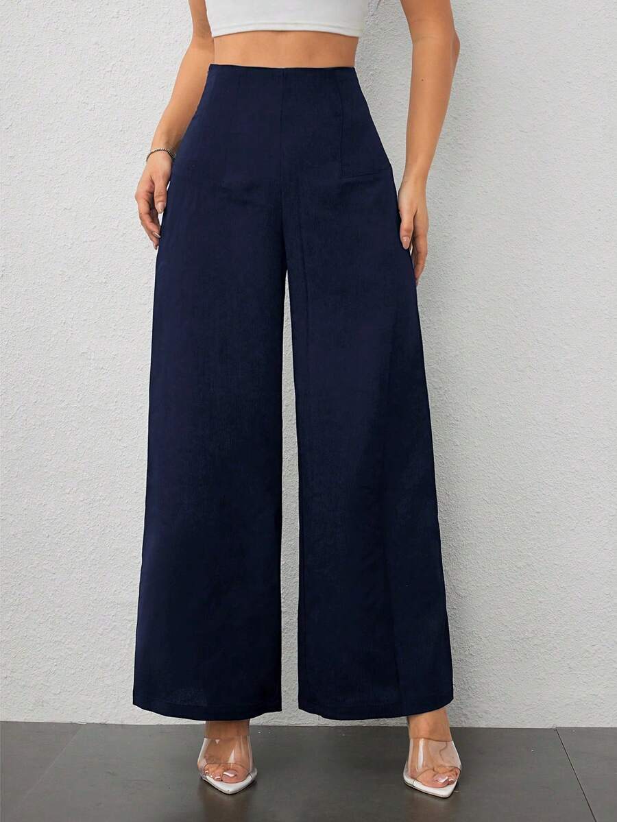 PETITE Pantalones de Pierna Ancha de Cintura Alta para Mujer Petite, Tela Texturizada, Estilo Casual Old‑Money, Ideal para Vuelta al Colegio, Trabajo y Uso Diario - Azul marino - Ver 1