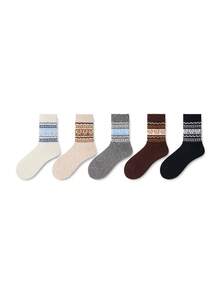 ZUJO 3 Pasang Kaos Kaki Wanita Setengah Betis, Motif Pita dan Fair Isle, Hangat, Lembut, dan Bernapas, Cocok untuk Pemakaian Sehari-hari di Musim Gugur/Dingin, Warna Acak - MultiWarna - View 5