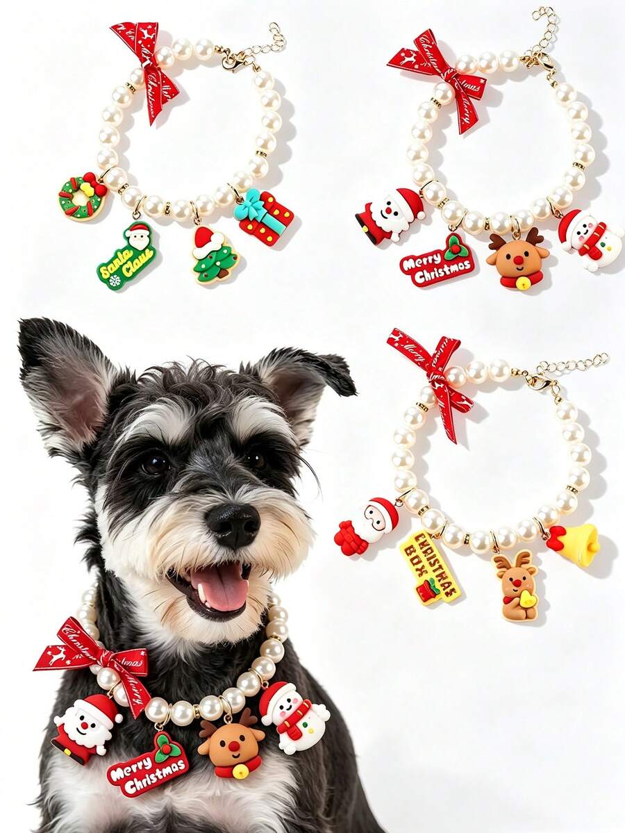 Christmas Adjustable Pet Pearl Necklace, Paired With Christmas Themed Decorative Pendant, Fashionable Pet Gift, Suitable For Cats And Small Dogs - Multicolor - View 1