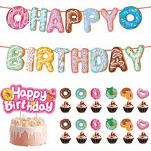 This 28-Piece Party Decoration Set Features A Donut Theme And Includes 15 Pennants, 12 Small Props, And 1 Large Prop. It Is Perfect For Decorating And Serving As A Photo Backdrop For A Dessert-Themed Birthday Party. - A - View 1