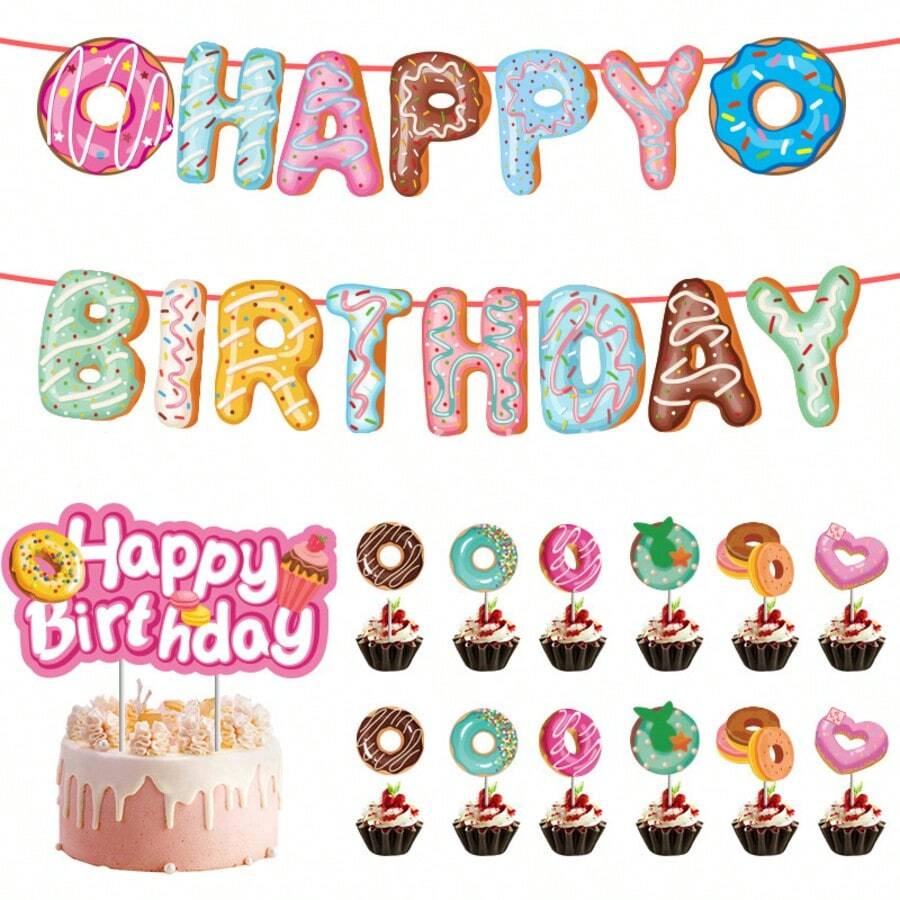 This 28-Piece Party Decoration Set Features A Donut Theme And Includes 15 Pennants, 12 Small Props, And 1 Large Prop. It Is Perfect For Decorating And Serving As A Photo Backdrop For A Dessert-Themed Birthday Party. - A - View 1