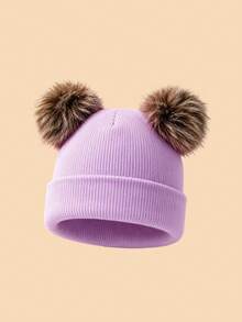 1PC Kids Solid Color Double Pom Pom Basic Cuffed Knit Hat, Multiple Color Options For Fashion Matching, Soft And Elastic Suitable For Autumn/Winter Multiple Occasions, Fits Both Boys And Girls - Multicolor - View 6