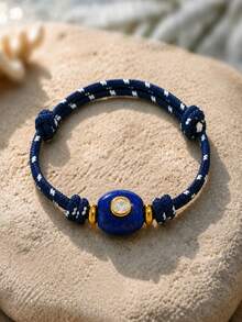 1 Peça Pulseira Ajustável Trançada com Pingente Oval de Pedra Azul Estilo Boêmio para Uso Diário - Multicolorido - Visão 3