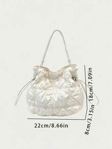 Women's Ruched Textured Bucket Bag With Adjustable Thin Strap, Loose Multi-Compartment Storage, Drawstring Closure, Niche Style, Versatile Crossbody Shoulder Bag For Daily Wear, Dating, Party, Travel, Shopping And Casual Outings - White - View 2