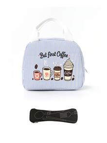 Striped Lunch Bag Featuring Coffee-Themed Patterns And Lettering.Reusable Insulated Lunch Box, Large Capacity Thermal Bag, Comes With Black Utensil Storage Bag, Snack Storage Bag, Multi-Functional Travel Storage Bag, Makeup Bag, Toiletry Bag, Suitable For School, Commute, Dorm, Picnic, Vacation, Birthday Gift, Halloween Christmas Gift - Multicolor - View 15