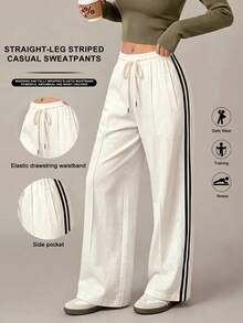 Fall Winter Women Drawstring Waist Straight Leg Track Pants Contrast Side Stripe Pocket Loose Sports Trousers Gym Workout Fitness Outdoor Activewear - Apricot - View 1