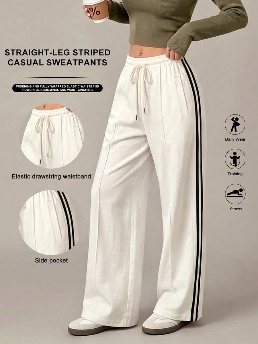 Fall Winter Women Drawstring Waist Straight Leg Track Pants Contrast Side Stripe Pocket Loose Sports Trousers Gym Workout Fitness Outdoor Activewear - Apricot - View 1