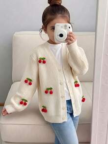 Girls Cute Solid Color Cherry Knit Cardigan Sweater Jacket, Long Sleeve, Suitable For Vacation, Casual, Spring, Autumn, Winter - Apricot - View 1