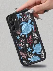 1pc Blue Sea Turtle Coral Print Pattern Phone Case, Black Edge Leather Frame Shockproof Soft TPU Protective Cover, Compatible With GALAXY, HONOR, Phones - White - View 4