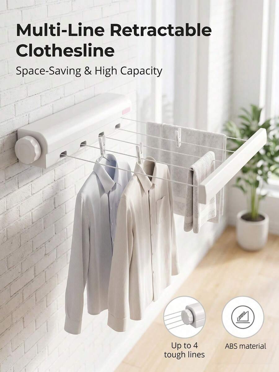 Retractable Clothesline With 4 Ropes Wall-Mounted Durable Plastic Drying Rack With Towel Bar And Hooks Portable Clothes Drying Rack For Indoor Outdoor Use Compact Storage Space-Saving Laundry Solution Multifunctional Hanging Organizer Perfect For Apartment Dormitory Balcony Patio Garden Bedroom Bathroom Kitchen Versatile Home Essential Efficient Drying System - White - View 1