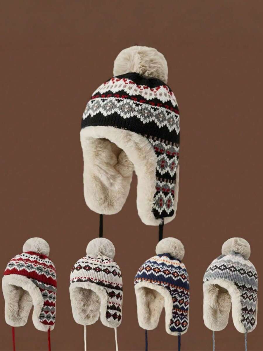 1pc Colorful Fuzzy Knitted Hat, Versatile Autumn/Winter Beanie, Large Head Circumference, Warm Ear Protection Woolen Cap - Earflap Hat - View 1