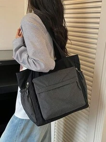 韓式極簡格紋拼接尼龍托特包女款，大容量多口袋單肩包，通勤、上學、購物、旅行、休閒百搭布包，日系學院風大學生課包 - 黑色 - 查看 8