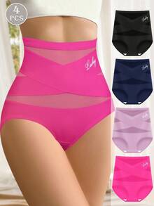 4 piezas de bragas de cintura alta con control de abdomen para mujer, bragas triangulares de seda de hielo con malla cruzada, moldeadoras y levantadoras de glúteos - Multicolor - Ver 2