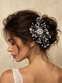 1pc Luxury Beaded Gold Flower Side Comb Hair Accessory For Wedding, Vacation, Performance, Updo - Multicolor - View 6