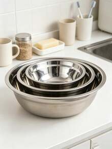 4-Piece Thickened Stainless Steel Multi-Purpose Bowl Set, Stackable Storage In Various Sizes, Mirror Finish Easy To Clean, Rolled Edge Smooth And For Hands. Suitable For Washing Vegetables, Rinsing Rice, Mixing Salads, Kneading Dough, Marinating Ingredients, Kitchen Prep, Baking, Cooking, Family Gatherings, Durable And Rust-Resistant, Suitable For Home And Commercial Use, Large Capacity Practical Mixing Bowl Set, Christmas, Halloween, Thanksgiving, Easter, New Year's Eve, Back To School, Gift. - View 3