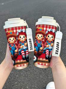 1pc/5pcs 500ml Halloween Vintage Doll Travel Mug, Double-Wall Stainless Steel Insulated Cup For Iced Coffee, Oat Milk, Cute Vintage Doll Couple & Plaid Print, Daily Use Insulated Cup, Birthday Gift For Son/Daughter, Holiday Gift - Multi-color - Plush Toy - View 8