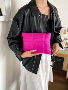 女款手拿包零錢包，秋冬新款時尚多功能絎縫刺繡格紋加厚化妝包，休閒手拿包，保暖羽絨小包 - 玫紅色 - 查看 3