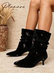 planare New Women's Elegant Black Velvet Embroidered Floral Ankle Boots, Slip-On Pointed Toe Kitten Heel Vintage Ruched Boots For Autumn/Winter Party - Black - View 4