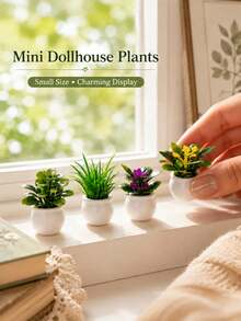 4pcs Mini Artificial Potted Plants, Resin Bonsai Faux Greenery With Square Flower Pots, 3.5cm Miniature Plant Decor, Suitable For Office Desk, Home Decoration, Bedside Table, Bookshelf, Dormitory, Living Room And Small Space Decoration - Default - View 8