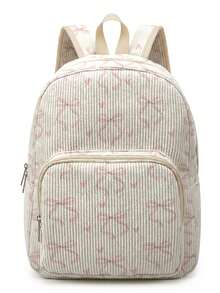 1 Piece Backpack, Women's Mini Backpack, Corduroy Girl's School Bag, Travel Storage Bag, Bow‑Printed Design, Large‑Capacity Foldable Easy‑To‑Store Bag, Lightweight And Pressure‑Relieving, Multi‑Pocket Layered Design With Zipper Closure - Heart Bow 23631 - View 5