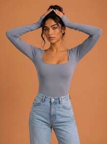 Never me Women's Grey Square Neck Long Sleeve Fitted Jumpsuit, Tummy Control Shaping, Casual Versatile Everyday Wear - Grey - View 5
