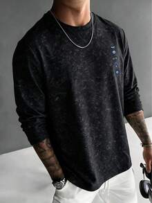 Men's Spring/Autumn Back Eye Print Faux-Washed Drop Shoulder Loose Fit Crew Neck Long Sleeve T-Shirt - Black - View 2