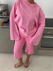 Women's Y2K Drawstring Cropped Wide Leg Pants, Loose Short Casual Pants, Cotton Casual Vacation Home Pants - Rose Pink - View 5