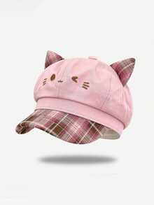 MESHUOKAI Y2K Sweet & Cool Girl 3D Cat Ear Newsboy Cap, Plaid Patchwork Brim, Cartoon Cat Embroidery Fashion Beret, Suitable For Daily Wear - Multicolor - View 10