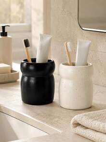1pc Slim Toothbrush Holder, Minimalist Gourd-Shaped Toothpaste Rack, Modern Black & Beige Spotted Bathroom Storage Cup, Suitable For Vanity Countertop Bathroom Decor - Multicolor - View 2