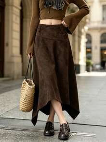 休閒優雅不對稱人造麂皮裙，秋冬款，小碼女款 - 咖啡棕 - 查看 2