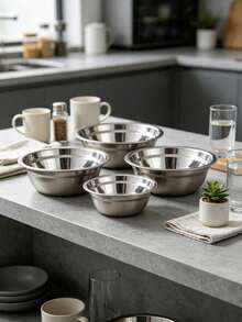 4pcs Stackable Stainless Steel Mixing Bowls Set, Space-Saving Cabinet Storage, Thickened Body Durable And Rust-Resistant, Mirror Finish Interior Easy To Clean. Suitable For Washing Vegetables, Rinsing Rice, Kneading Dough, Mixing Fillings, Marinating Ingredients, Preparing Salads, Kitchen Prep, Baking, Cooking, Family Gatherings, Home And Commercial Use Multi-Functional Food Mixing And Storage Bowls, Christmas, Halloween, Thanksgiving, Back To School, Valentine's Day, Easter, Gift. - Silver - View 6