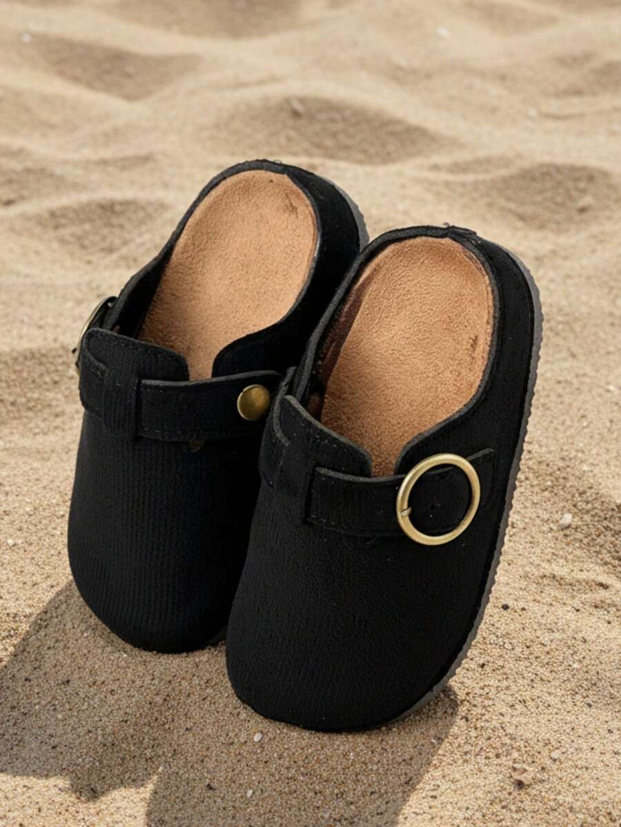 HAHABOBO Children's Black Solid Color Fabric Mule Slippers, Closed Toe Buckle Plastic Sole Casual Versatile Slippers For Boys And Girls - Black - View 1