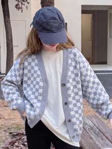 Girls' & Teens' Vintage Plaid Long Sleeve Knit Cardigan, Loose Fit Versatile Outerwear Sweater Top - Grey - View 1