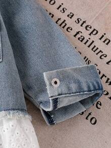 Baby Girl Light Blue Denim Jacket With Double Pockets, White Bow Decor, Frayed Hem, Patchwork Hollow Lace Trim, Sweet Denim Jacket - Light Wash - View 5