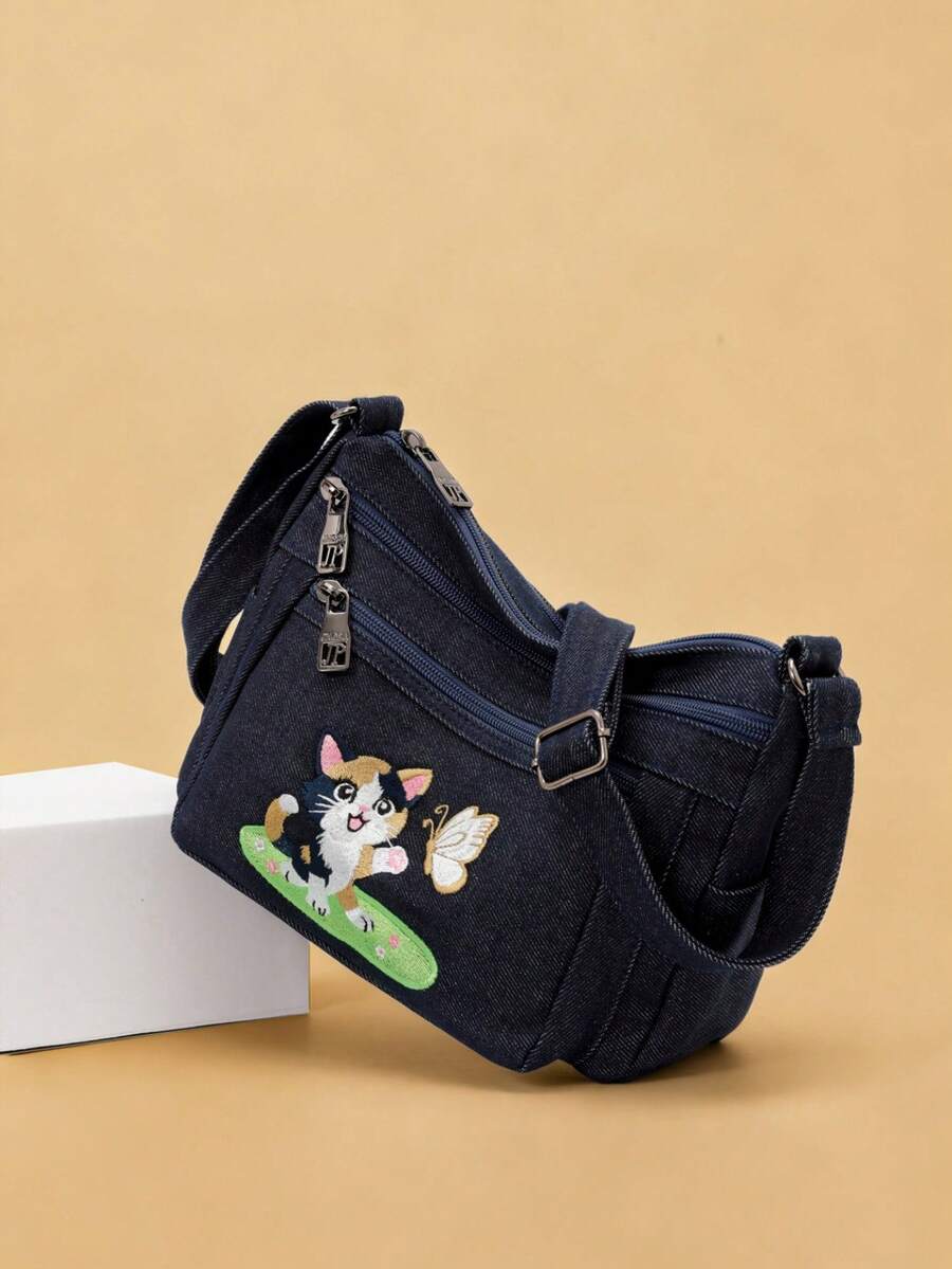 Tas Selempang Bahu Bordir Kucing Kartun Lucu, Kain Tahan Lama, Desain Multi-Saku, Tas Kasual untuk Beraktivitas di Luar Rumah - Hitam - View 1
